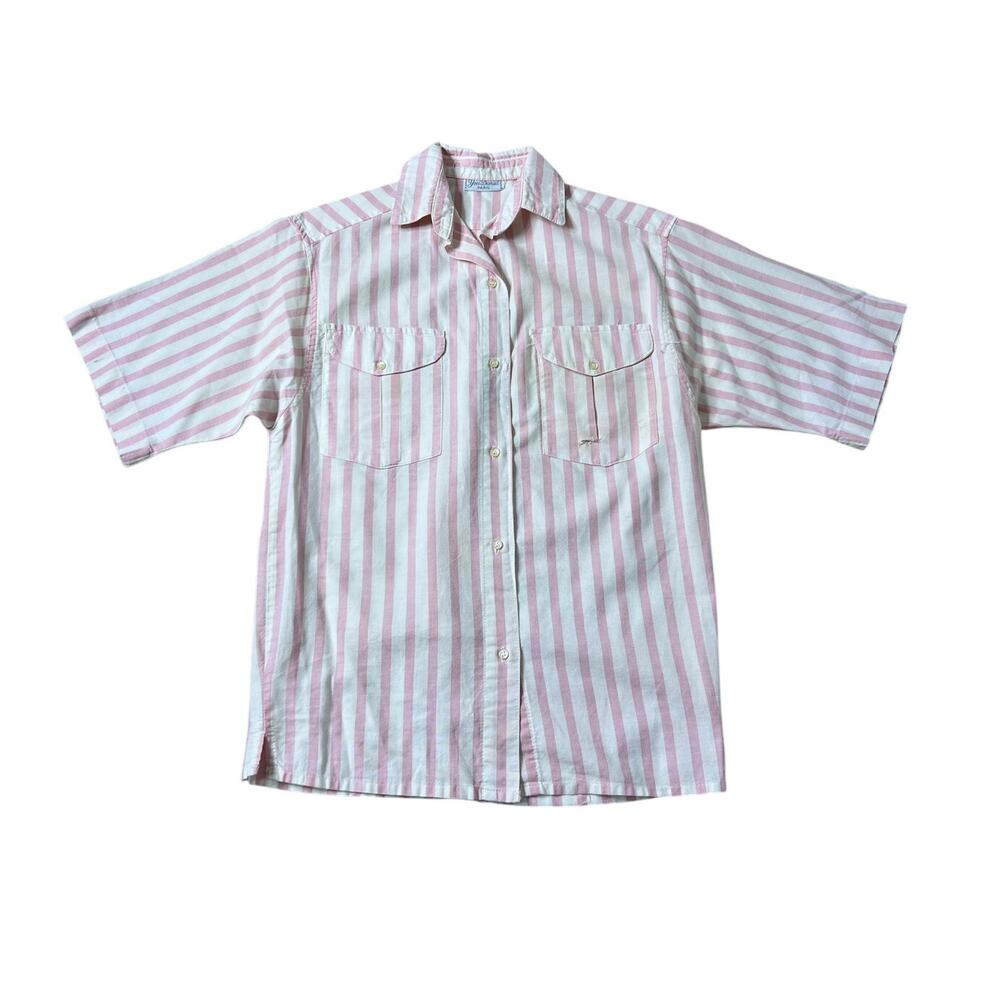 Vintage Yves Daniel Paris Striped Shirt Women’s Medium Pink White Boxy 70s